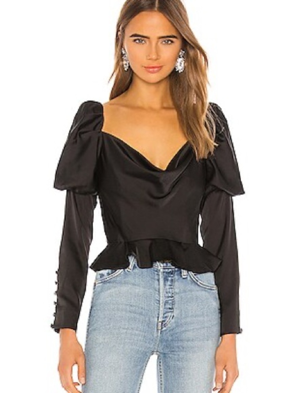 V. Chapman NWT Corset Puff Sleeve Lace up Ruffle Black Silky Blouse $285 Retail